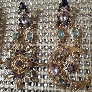 Asymmetrical Moon and Sun Rhinestone Dangle Earrin